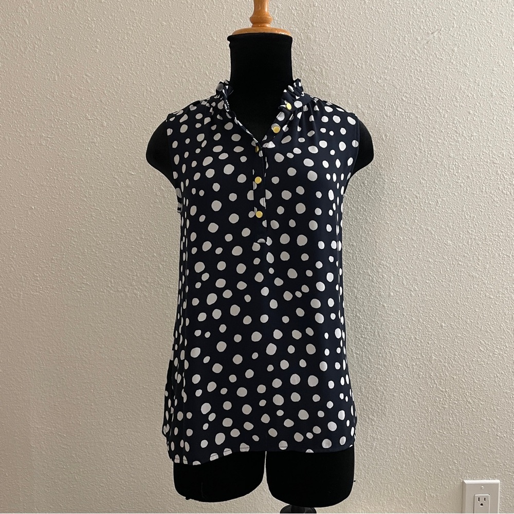 Loft Navy Polka Dot Ruffle Neck Sleeveless Top
